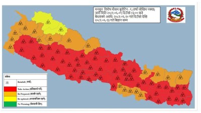 आइतबार बिहानसम्म सातवटै प्रदेशमा वर्षा हुने ,५६ जिल्लामा अत्यधिक वर्षाको चेतावनी